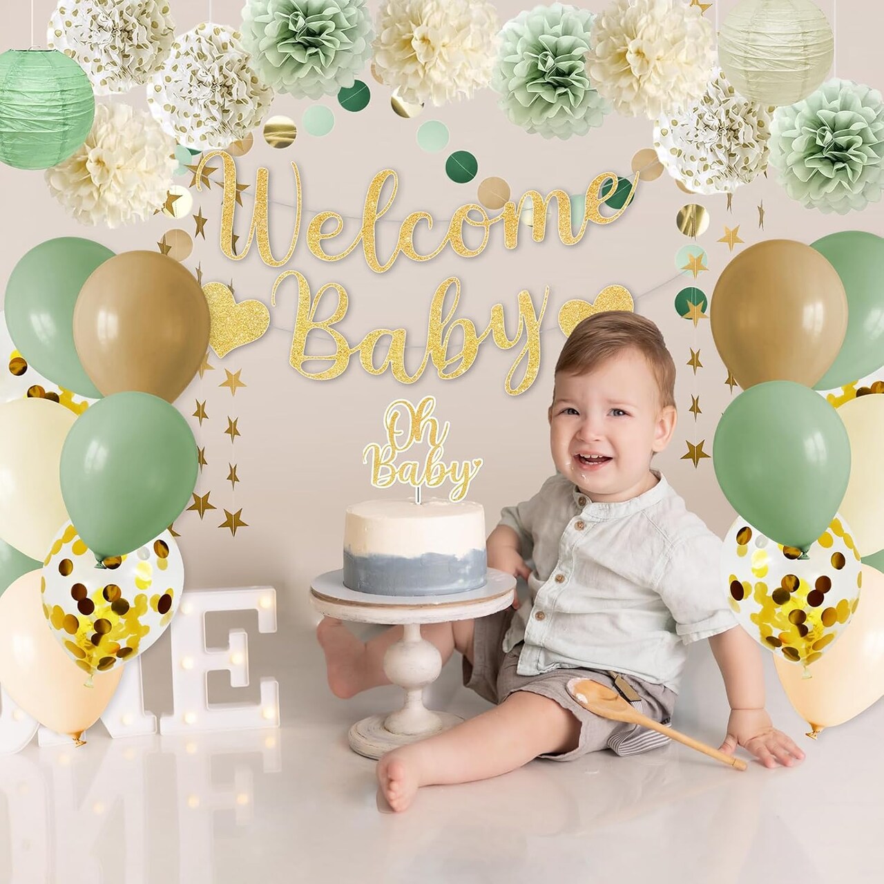 Sage Green Baby Shower Decoration, Welcome Baby Banner with Tissue Pom Poms, Paper Lantern, Balloons, Tassel Garland, Cake Topper, Star Garland
